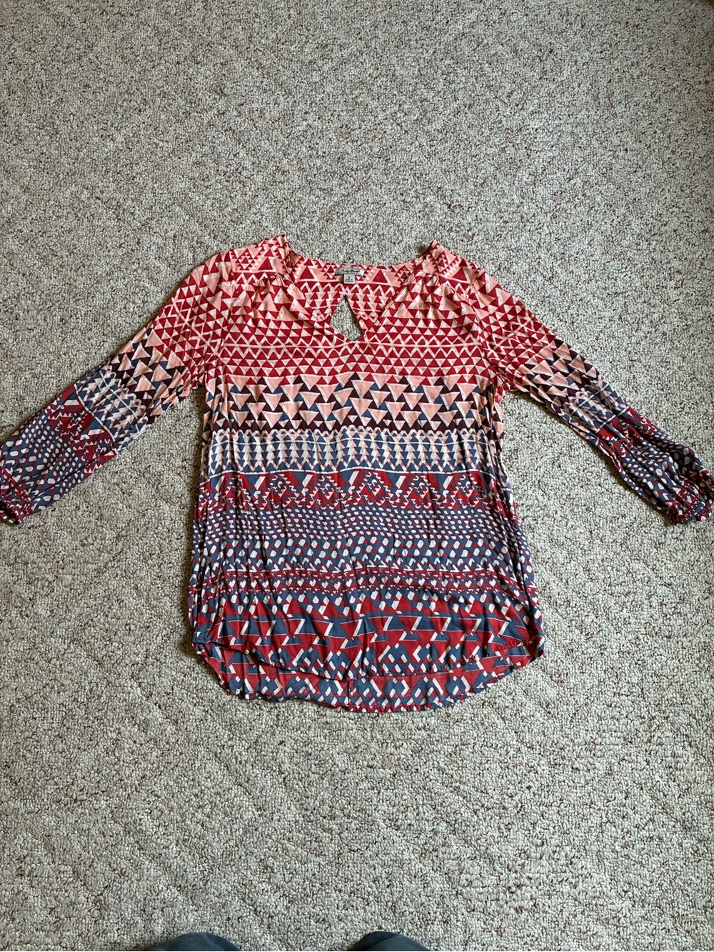 Lucky Brand Red Navy Geo-Print Keyhole Tunic